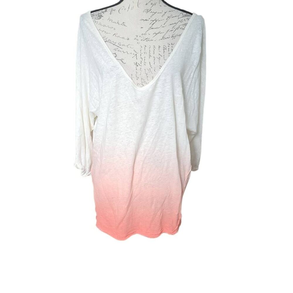 We The Free Women's Size Large Cream Peach Ombre V-Neck 3/4 Sleeve Linen Top